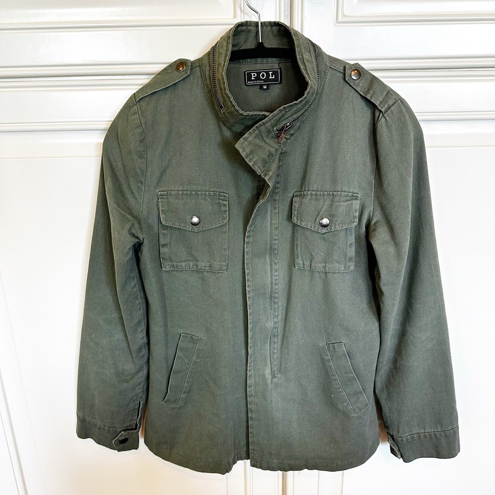POL Womens Army Green Cotton Military Style Utility Jacket Shacket Leopard Lined